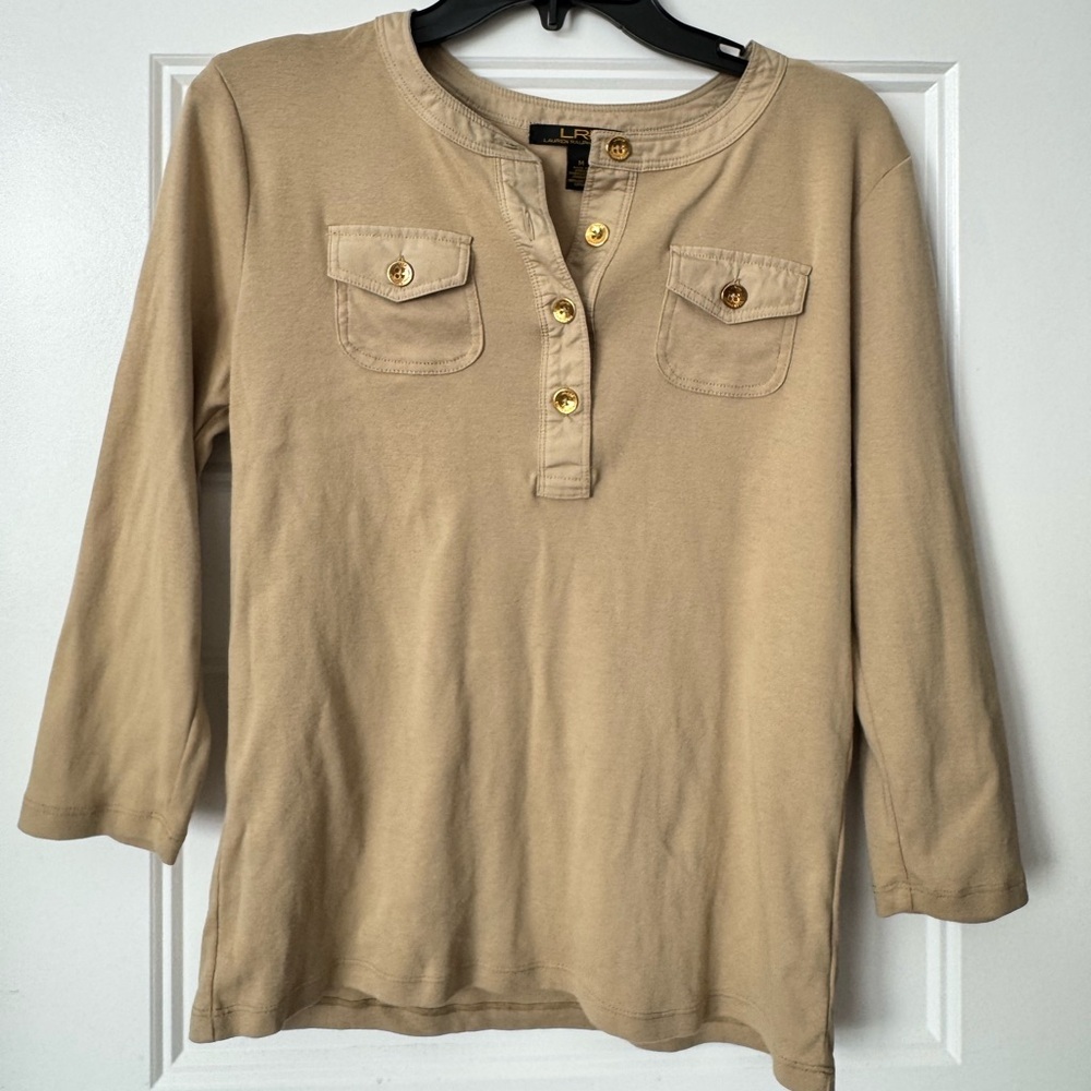 Lauren Ralph Lauren Tan Henley Top M Gold Button Quiet Luxury Equestrian